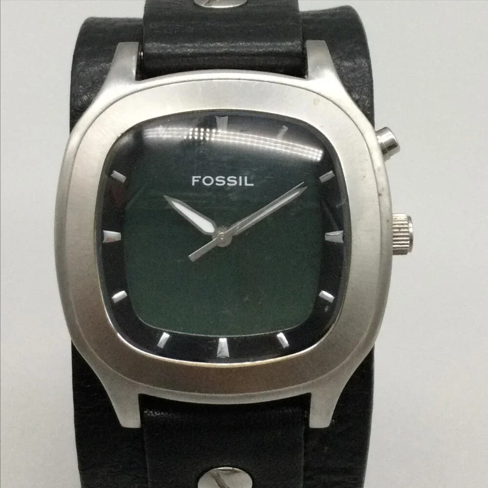 Fossil Big Tic Mens Watch 39mm Green Blue Dial Steel Black Leather New Battery